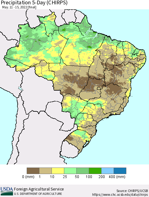 Brazil Precipitation 5-Day (CHIRPS) Thematic Map For 5/11/2022 - 5/15/2022