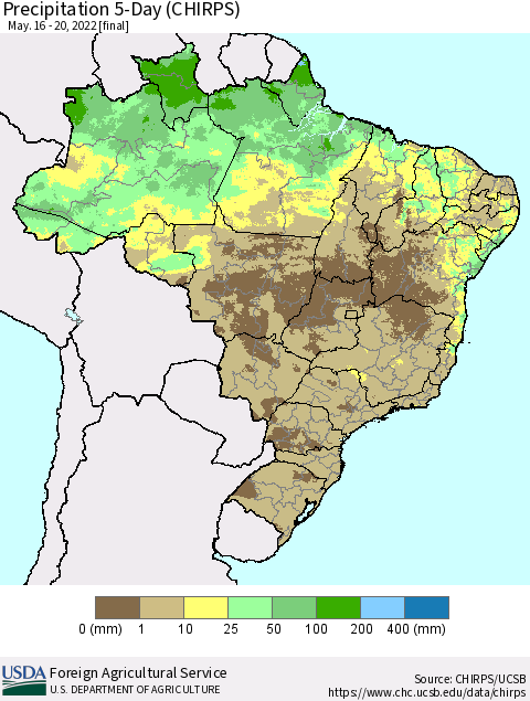 Brazil Precipitation 5-Day (CHIRPS) Thematic Map For 5/16/2022 - 5/20/2022