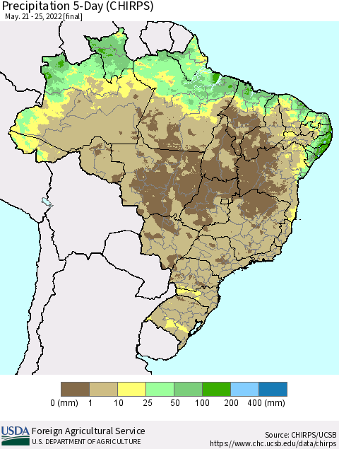 Brazil Precipitation 5-Day (CHIRPS) Thematic Map For 5/21/2022 - 5/25/2022