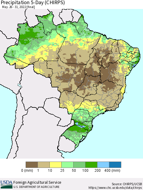Brazil Precipitation 5-Day (CHIRPS) Thematic Map For 5/26/2022 - 5/31/2022