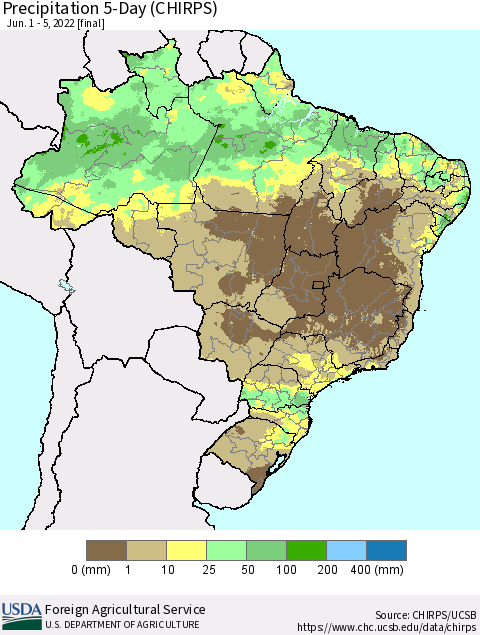 Brazil Precipitation 5-Day (CHIRPS) Thematic Map For 6/1/2022 - 6/5/2022