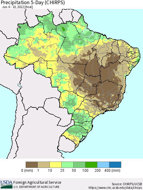 Brazil Precipitation 5-Day (CHIRPS) Thematic Map For 6/6/2022 - 6/10/2022