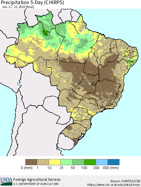 Brazil Precipitation 5-Day (CHIRPS) Thematic Map For 6/11/2022 - 6/15/2022