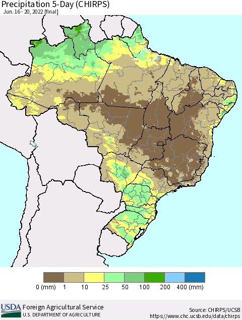 Brazil Precipitation 5-Day (CHIRPS) Thematic Map For 6/16/2022 - 6/20/2022