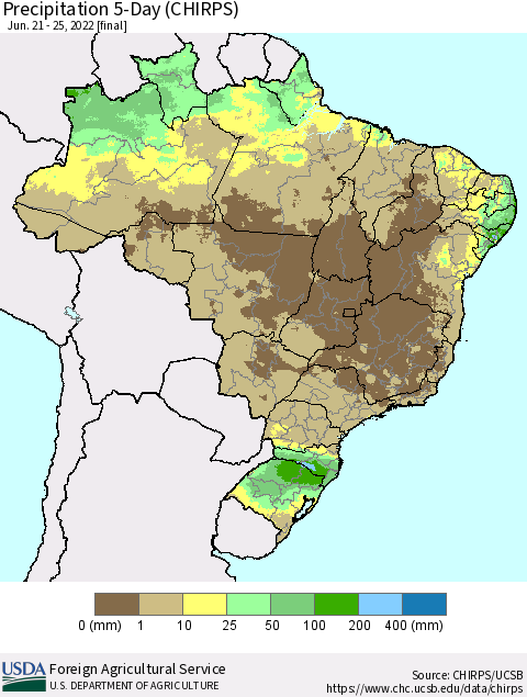Brazil Precipitation 5-Day (CHIRPS) Thematic Map For 6/21/2022 - 6/25/2022
