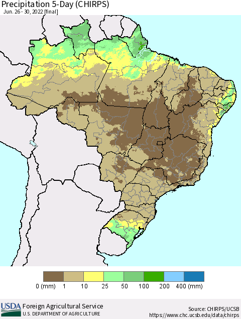 Brazil Precipitation 5-Day (CHIRPS) Thematic Map For 6/26/2022 - 6/30/2022
