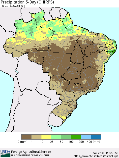 Brazil Precipitation 5-Day (CHIRPS) Thematic Map For 7/1/2022 - 7/5/2022