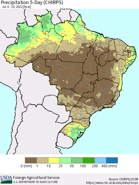 Brazil Precipitation 5-Day (CHIRPS) Thematic Map For 7/6/2022 - 7/10/2022