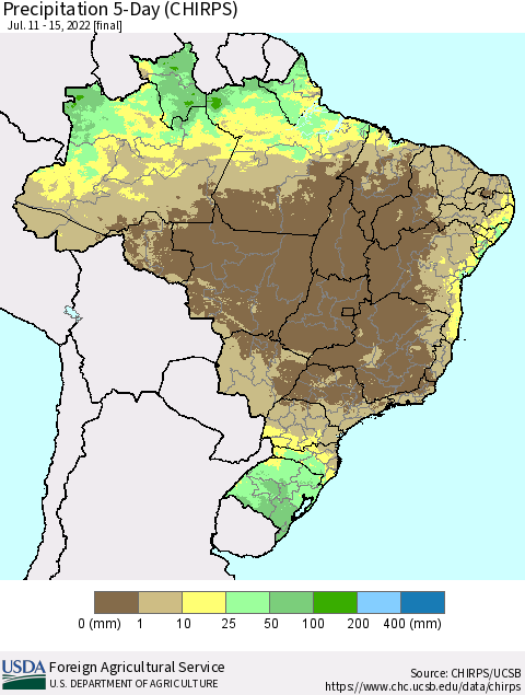 Brazil Precipitation 5-Day (CHIRPS) Thematic Map For 7/11/2022 - 7/15/2022