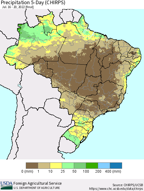Brazil Precipitation 5-Day (CHIRPS) Thematic Map For 7/16/2022 - 7/20/2022