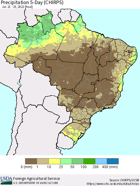 Brazil Precipitation 5-Day (CHIRPS) Thematic Map For 7/21/2022 - 7/25/2022