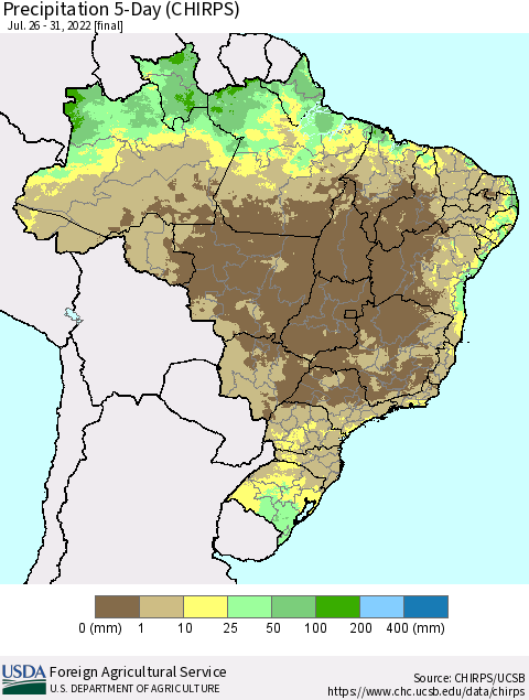 Brazil Precipitation 5-Day (CHIRPS) Thematic Map For 7/26/2022 - 7/31/2022