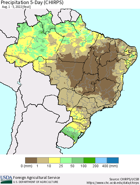 Brazil Precipitation 5-Day (CHIRPS) Thematic Map For 8/1/2022 - 8/5/2022