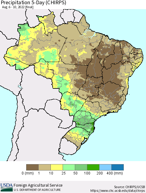 Brazil Precipitation 5-Day (CHIRPS) Thematic Map For 8/6/2022 - 8/10/2022