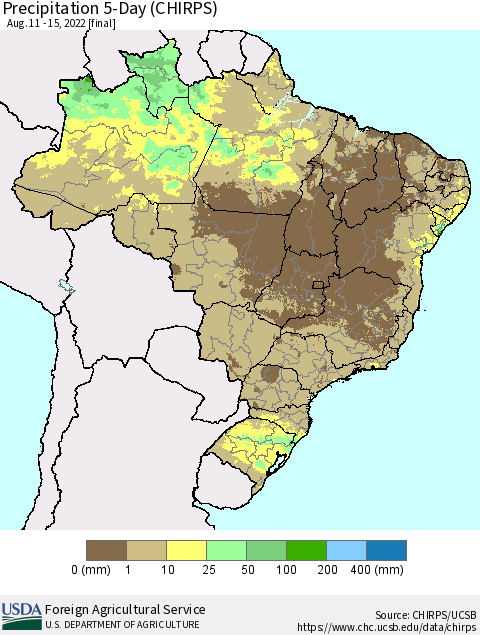 Brazil Precipitation 5-Day (CHIRPS) Thematic Map For 8/11/2022 - 8/15/2022