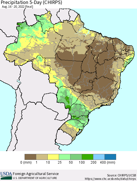 Brazil Precipitation 5-Day (CHIRPS) Thematic Map For 8/16/2022 - 8/20/2022