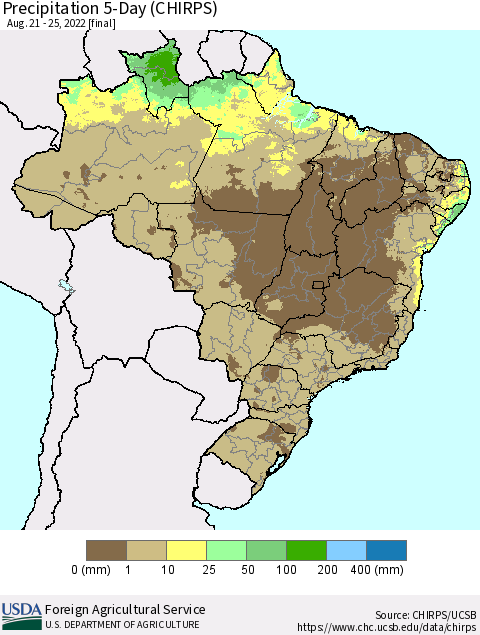 Brazil Precipitation 5-Day (CHIRPS) Thematic Map For 8/21/2022 - 8/25/2022