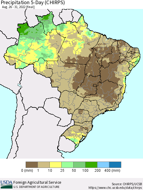 Brazil Precipitation 5-Day (CHIRPS) Thematic Map For 8/26/2022 - 8/31/2022