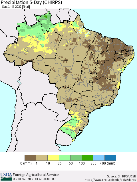 Brazil Precipitation 5-Day (CHIRPS) Thematic Map For 9/1/2022 - 9/5/2022