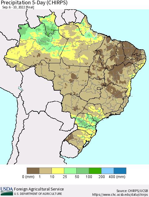 Brazil Precipitation 5-Day (CHIRPS) Thematic Map For 9/6/2022 - 9/10/2022