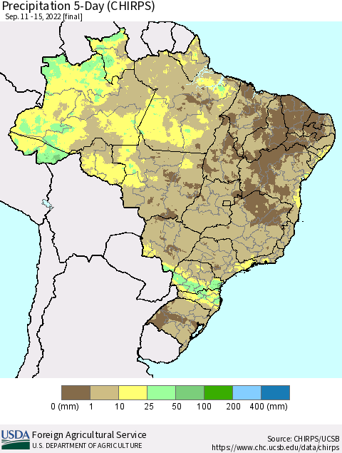 Brazil Precipitation 5-Day (CHIRPS) Thematic Map For 9/11/2022 - 9/15/2022