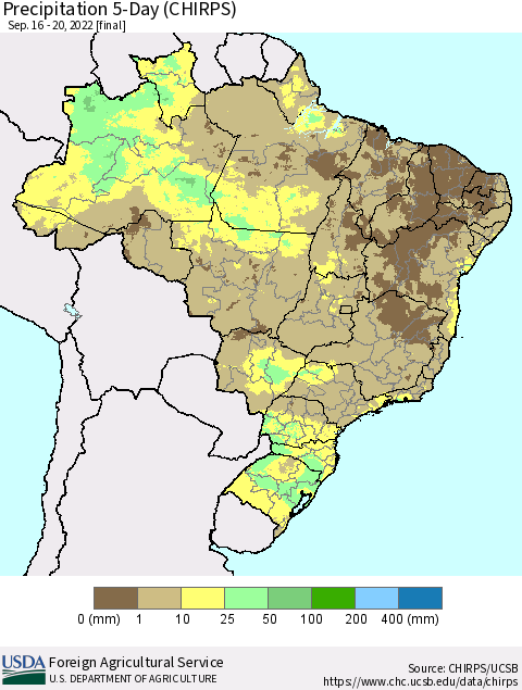 Brazil Precipitation 5-Day (CHIRPS) Thematic Map For 9/16/2022 - 9/20/2022