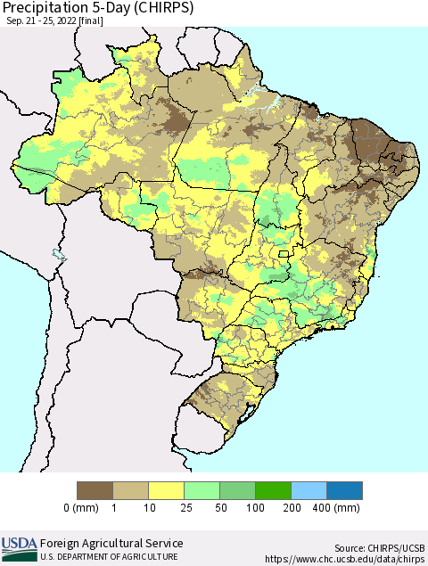 Brazil Precipitation 5-Day (CHIRPS) Thematic Map For 9/21/2022 - 9/25/2022