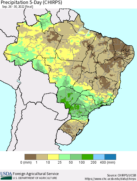 Brazil Precipitation 5-Day (CHIRPS) Thematic Map For 9/26/2022 - 9/30/2022