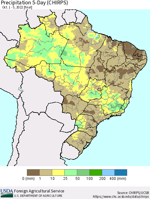 Brazil Precipitation 5-Day (CHIRPS) Thematic Map For 10/1/2022 - 10/5/2022