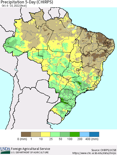 Brazil Precipitation 5-Day (CHIRPS) Thematic Map For 10/6/2022 - 10/10/2022
