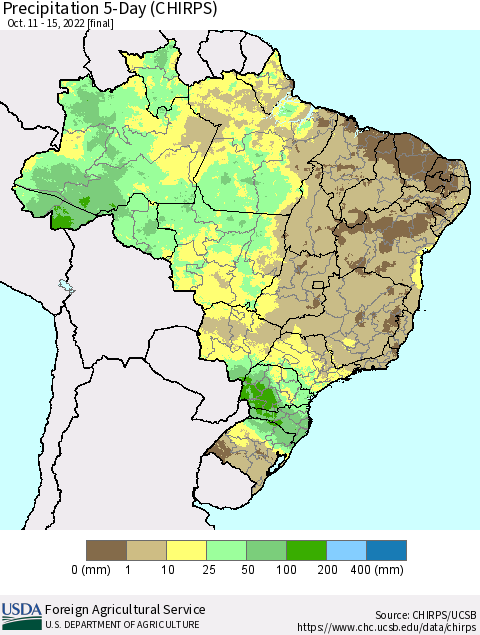 Brazil Precipitation 5-Day (CHIRPS) Thematic Map For 10/11/2022 - 10/15/2022