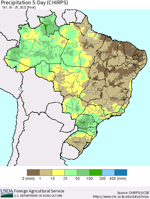 Brazil Precipitation 5-Day (CHIRPS) Thematic Map For 10/16/2022 - 10/20/2022
