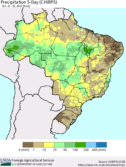 Brazil Precipitation 5-Day (CHIRPS) Thematic Map For 10/21/2022 - 10/25/2022