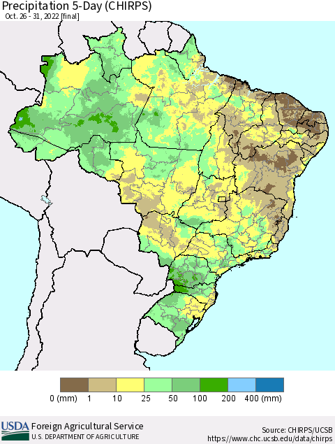 Brazil Precipitation 5-Day (CHIRPS) Thematic Map For 10/26/2022 - 10/31/2022
