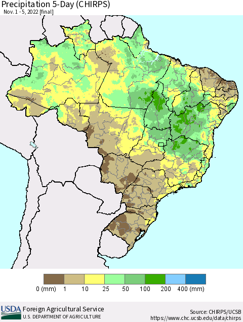 Brazil Precipitation 5-Day (CHIRPS) Thematic Map For 11/1/2022 - 11/5/2022