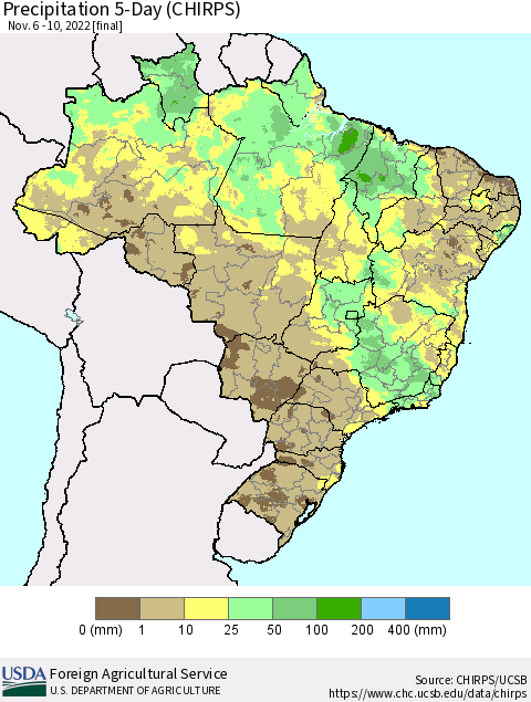 Brazil Precipitation 5-Day (CHIRPS) Thematic Map For 11/6/2022 - 11/10/2022