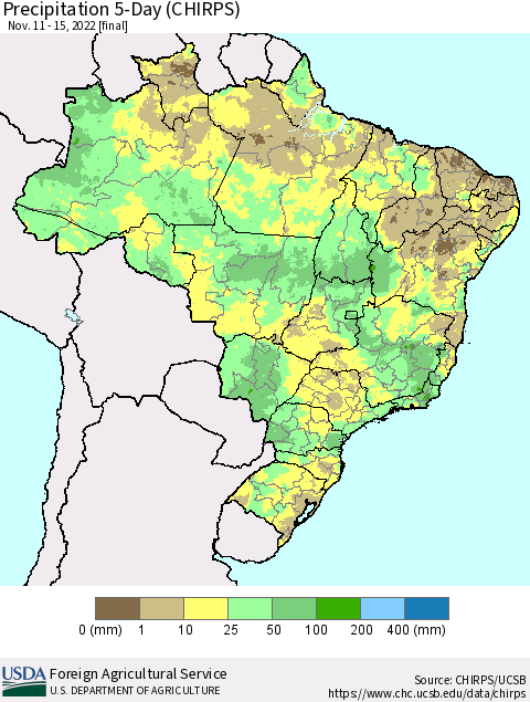 Brazil Precipitation 5-Day (CHIRPS) Thematic Map For 11/11/2022 - 11/15/2022