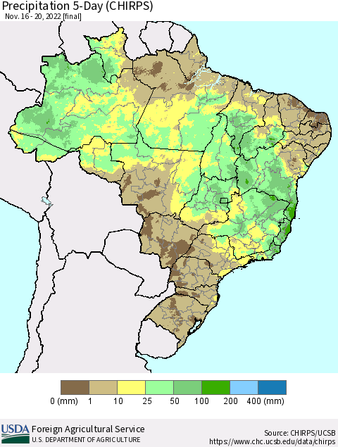 Brazil Precipitation 5-Day (CHIRPS) Thematic Map For 11/16/2022 - 11/20/2022