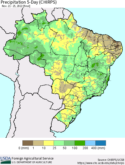 Brazil Precipitation 5-Day (CHIRPS) Thematic Map For 11/21/2022 - 11/25/2022