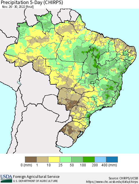 Brazil Precipitation 5-Day (CHIRPS) Thematic Map For 11/26/2022 - 11/30/2022