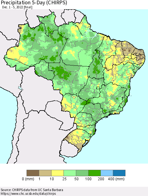Brazil Precipitation 5-Day (CHIRPS) Thematic Map For 12/1/2022 - 12/5/2022