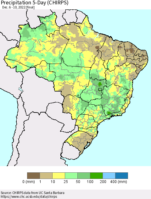 Brazil Precipitation 5-Day (CHIRPS) Thematic Map For 12/6/2022 - 12/10/2022