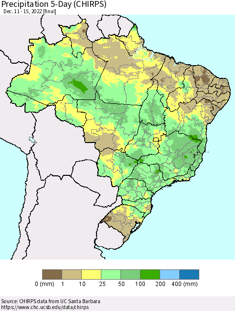 Brazil Precipitation 5-Day (CHIRPS) Thematic Map For 12/11/2022 - 12/15/2022