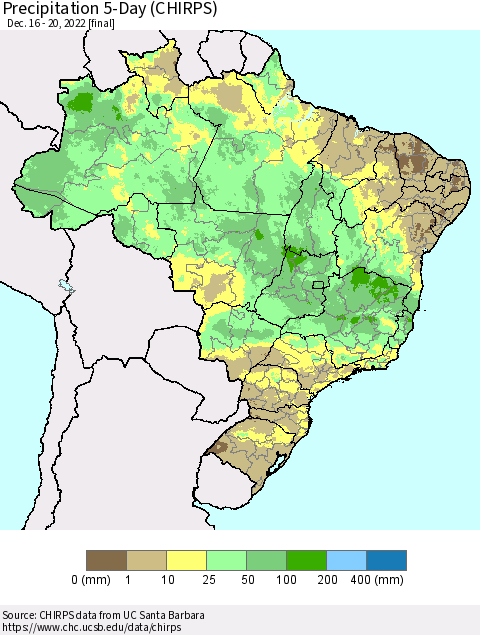 Brazil Precipitation 5-Day (CHIRPS) Thematic Map For 12/16/2022 - 12/20/2022