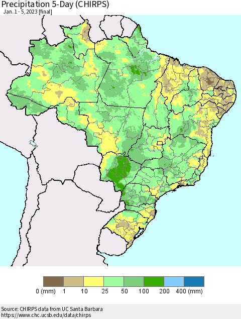 Brazil Precipitation 5-Day (CHIRPS) Thematic Map For 1/1/2023 - 1/5/2023