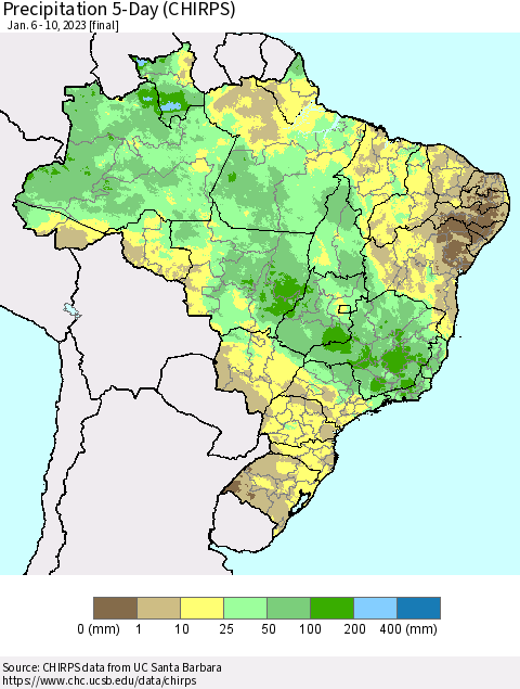 Brazil Precipitation 5-Day (CHIRPS) Thematic Map For 1/6/2023 - 1/10/2023