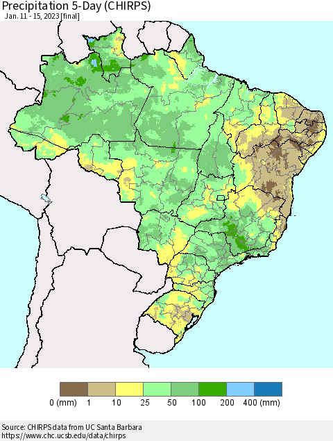Brazil Precipitation 5-Day (CHIRPS) Thematic Map For 1/11/2023 - 1/15/2023