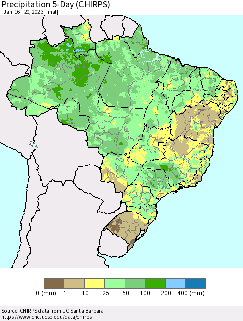 Brazil Precipitation 5-Day (CHIRPS) Thematic Map For 1/16/2023 - 1/20/2023