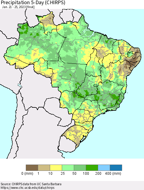 Brazil Precipitation 5-Day (CHIRPS) Thematic Map For 1/21/2023 - 1/25/2023