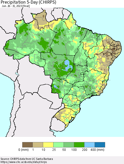 Brazil Precipitation 5-Day (CHIRPS) Thematic Map For 1/26/2023 - 1/31/2023